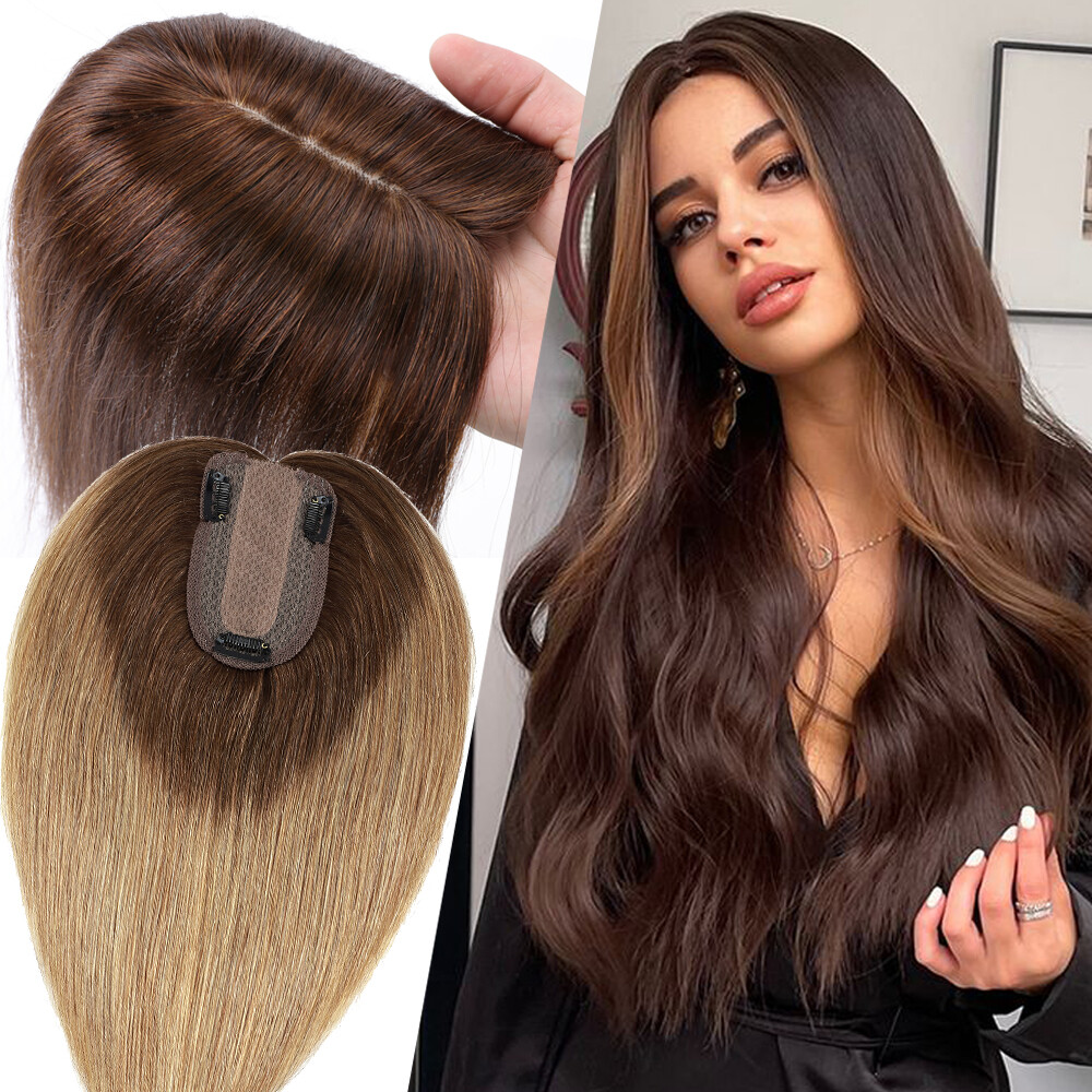 Women 100% Remy Virgin Human Hair Toupee Silk Base Clip In Topper Hairpiece Wigs