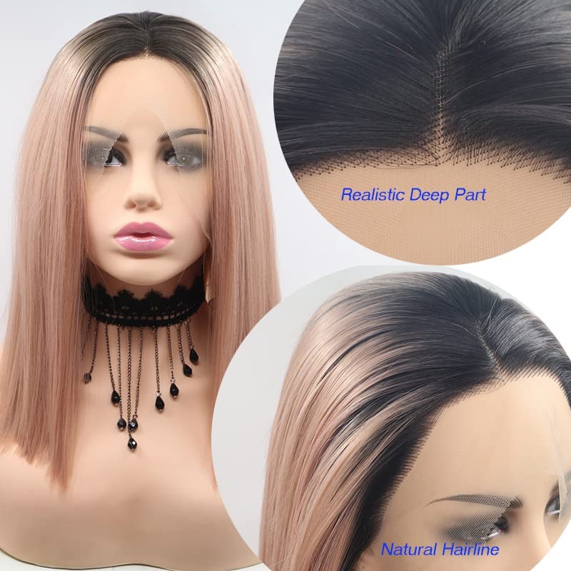 xiweiya Ombre Pink Lace Front Wig Rose Gold Wig Short Straight Peach 13×4 Lac…