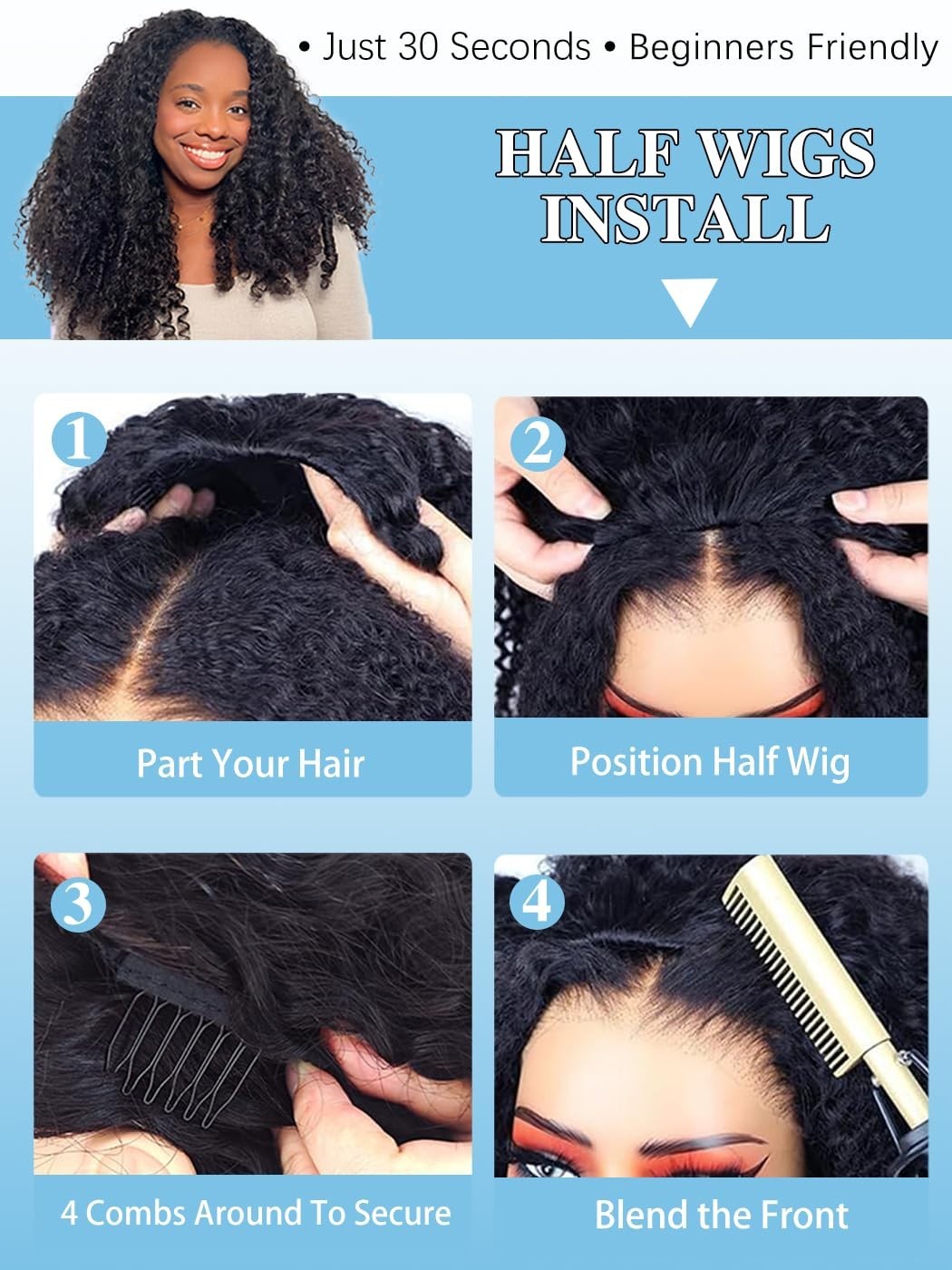 18″ Curly Half Wig Human Hair for Black Women – Glueless Drawstring, 180% Densit