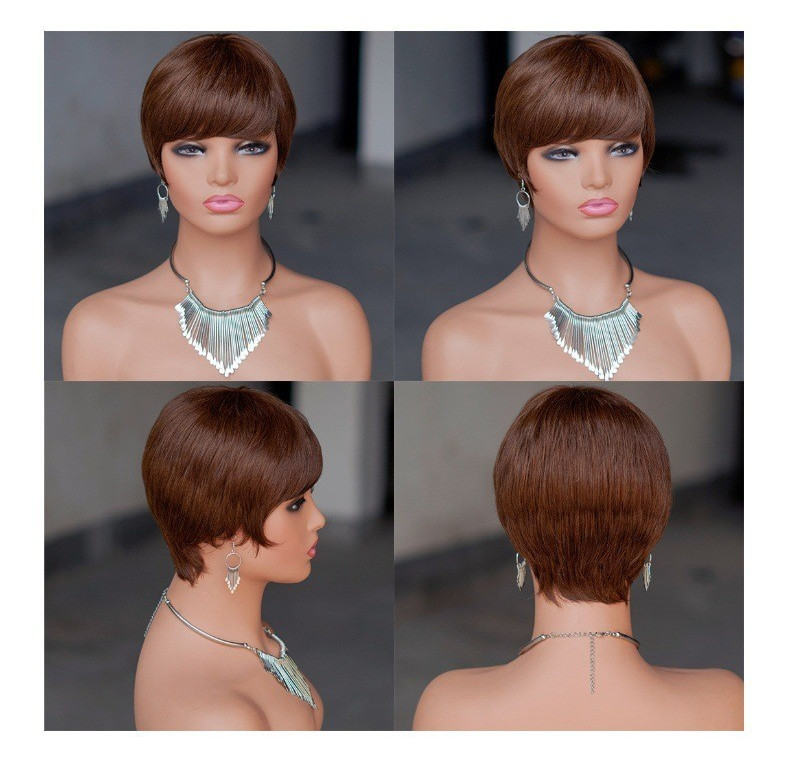 Short Pixie Cut Wigs Full Machine Made 100% Human Hair Wig With Bangs For Women