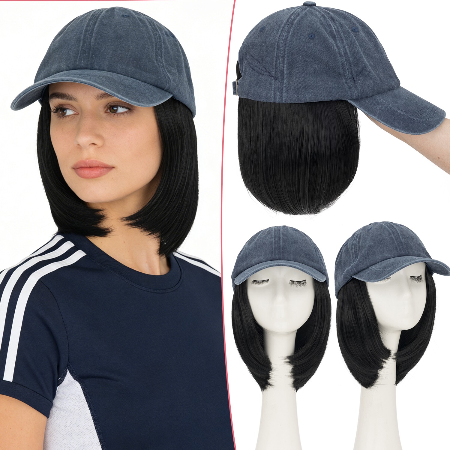 Women Baseball Cap with Synthetic Wig Short Bob Straight Full Wigs Hat Wig Piece
