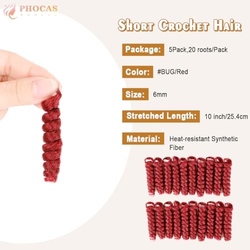 10Inch 5Packs Red Short Curl Crochet Hair for 10 Inch 6mm-5Packs #BUG/Red