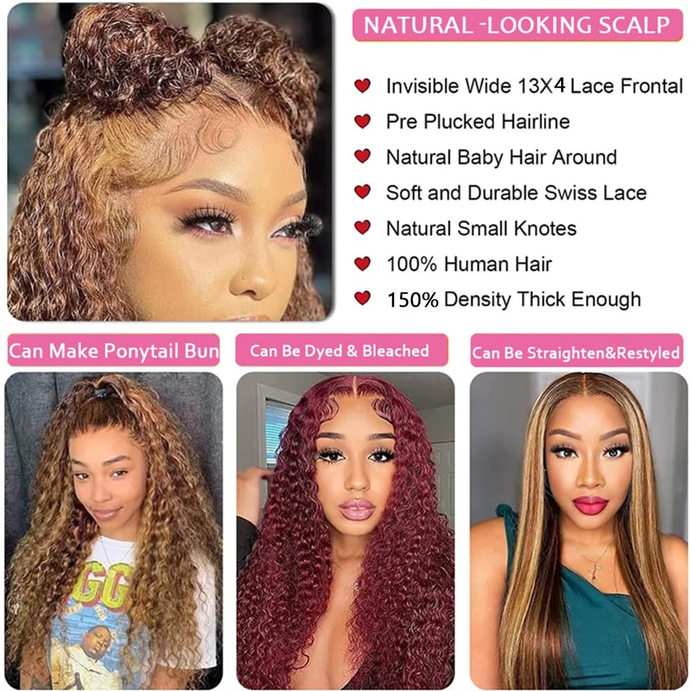 28inch Highlight Ombre Lace Front Wig Human Hair 13×4 HD Honey Blonde 4/27 De…