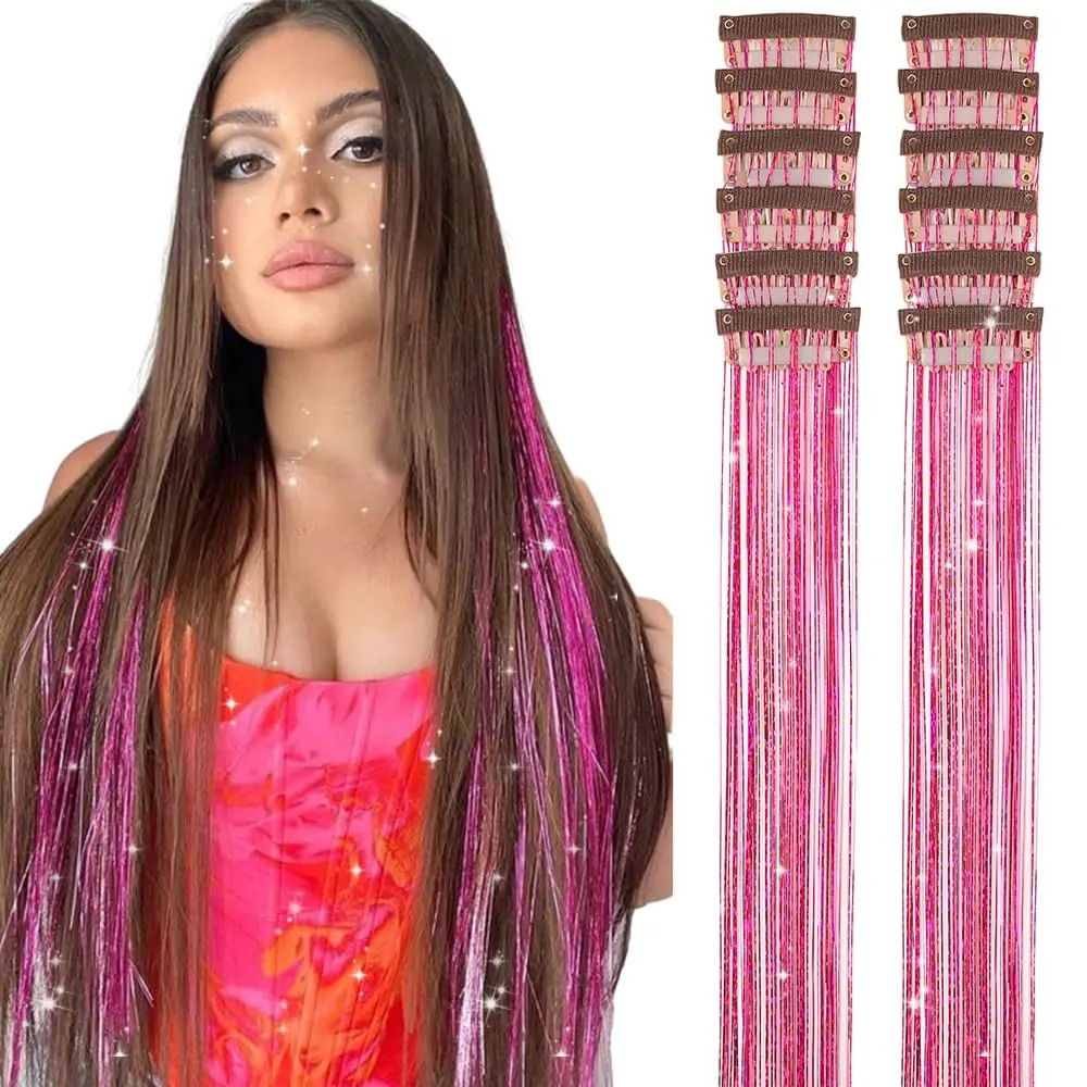 50cm Sparking Shiny Hair Tinsel Extensions Synthetic Clip In Hair Extensions