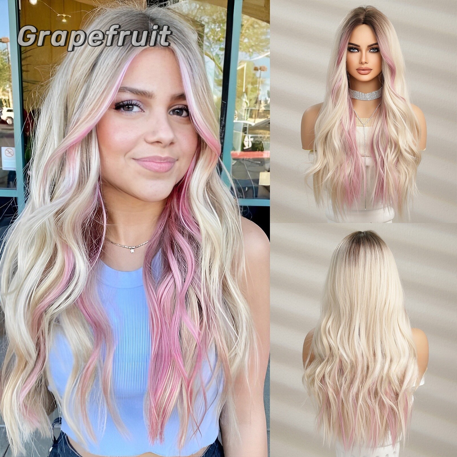 Wig for women Gradient gold highlights pink synthetic fiber breathable wig