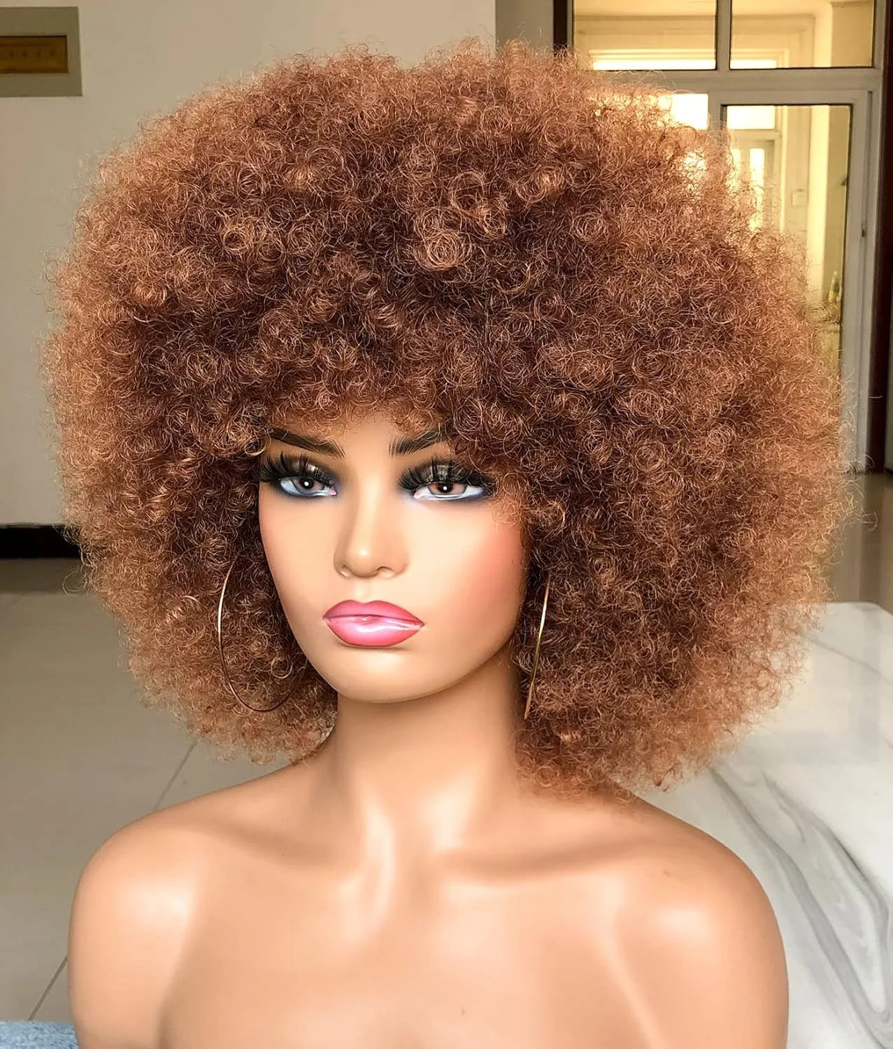 Short Afro Wig with Bangs for Black Women Afro Kinky Curly Wig 70s Premium Synth