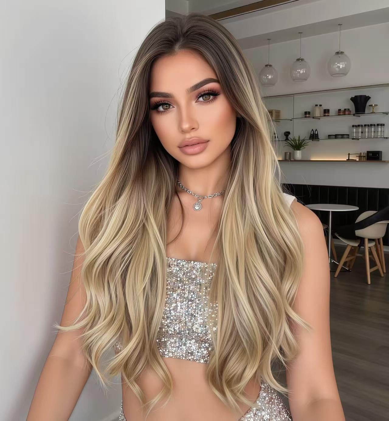 26 Inch HD Lace Front Wig Long Wavy Ombre Blonde Synthetic Wigs
