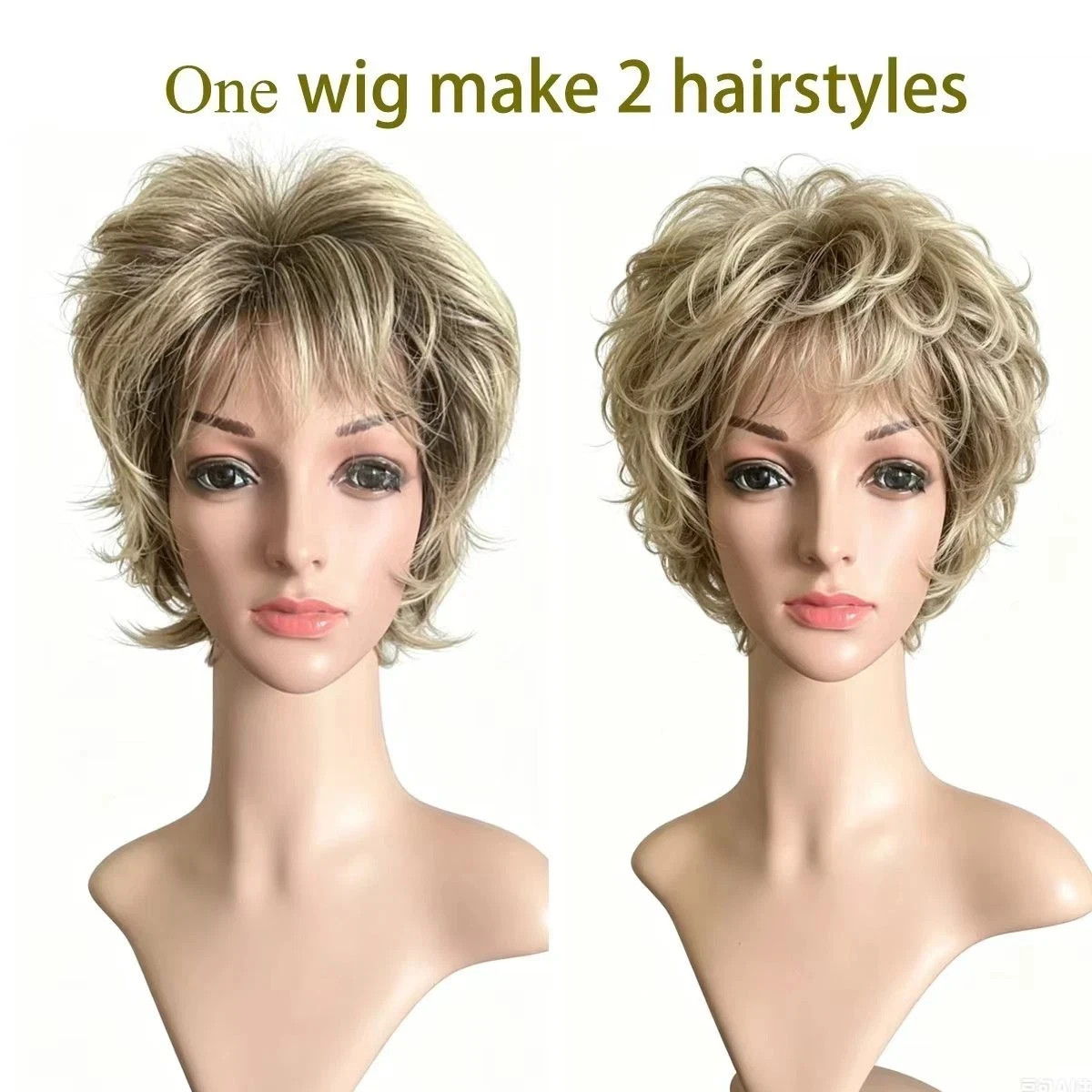 Natural Blonde Highlight Short Fluffy Curly Wig Heat Resistant Synthetic Wig for