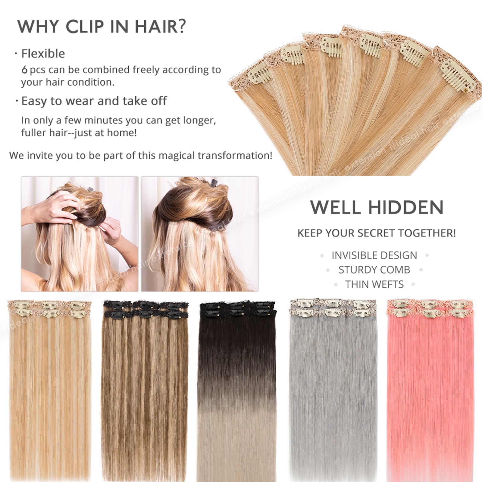 Peekaboo Highlight 100% Human Hair Extensions Clip In Remy Real Hair 6pieces USA
