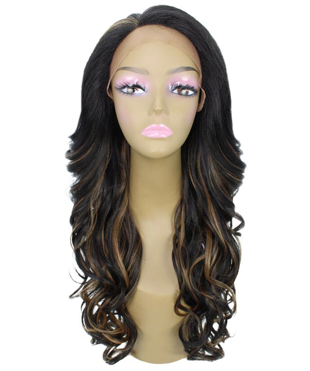 Kendra Wavy 24.5″ Long 13×2.5 Hand-Tied Lace Front,Black with Golden Highlights