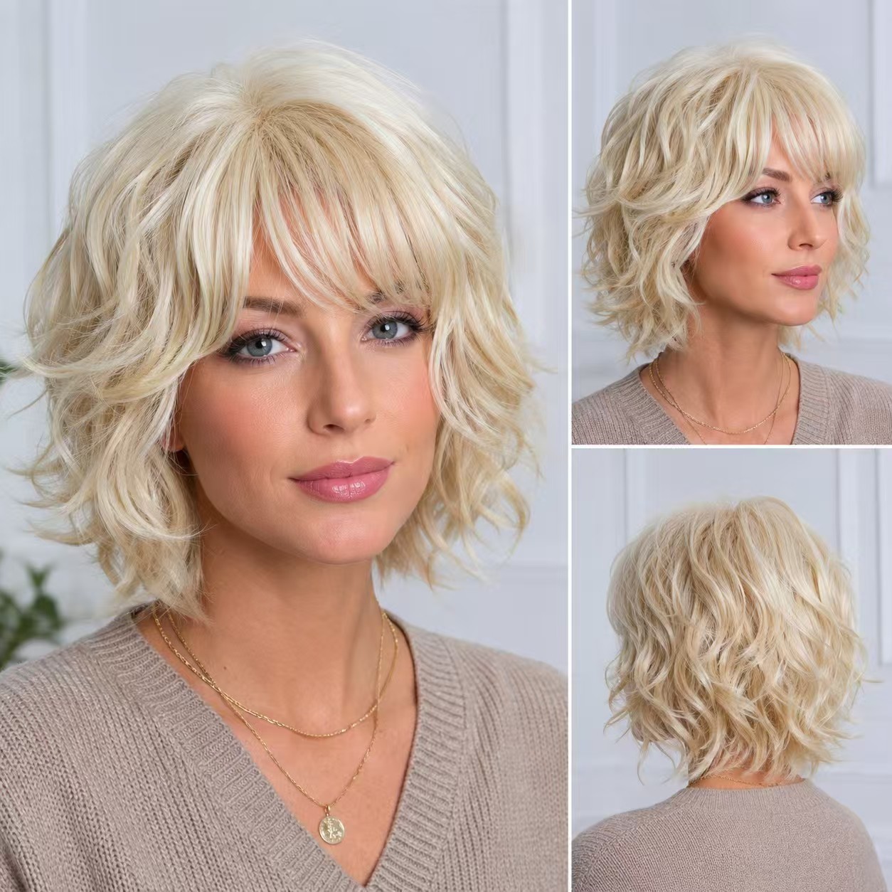 Women Daily Natural Synthetic Wig, 6 Inch Pale Blonde Short Loose Wavy Bob