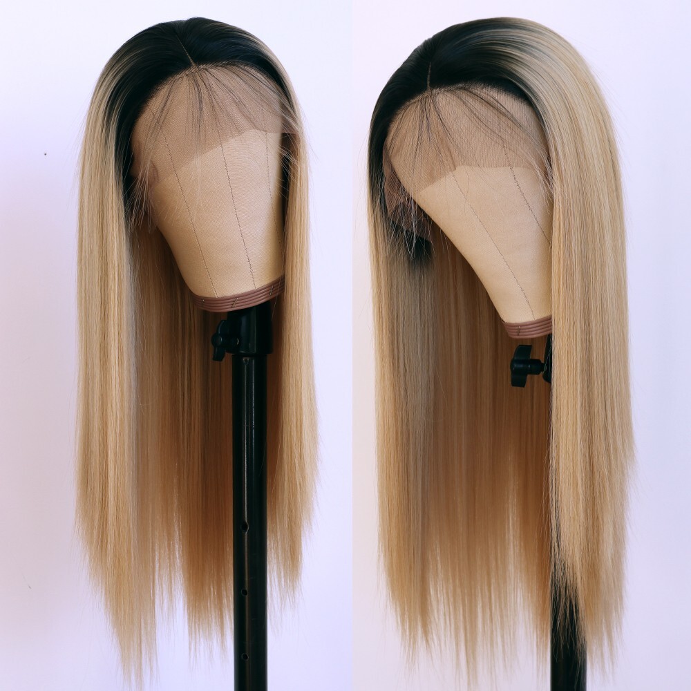Ombre Blonde Hair Synthetic Lace Front Wigs Heat Safe Pre Plucked 13×4 Free Part