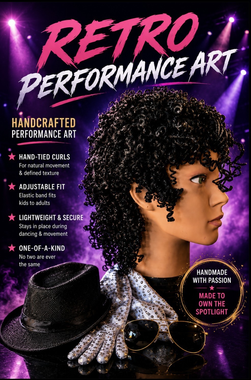 Black Afro-Jheri Curls Costume performance WIG with accessories Wearable Art