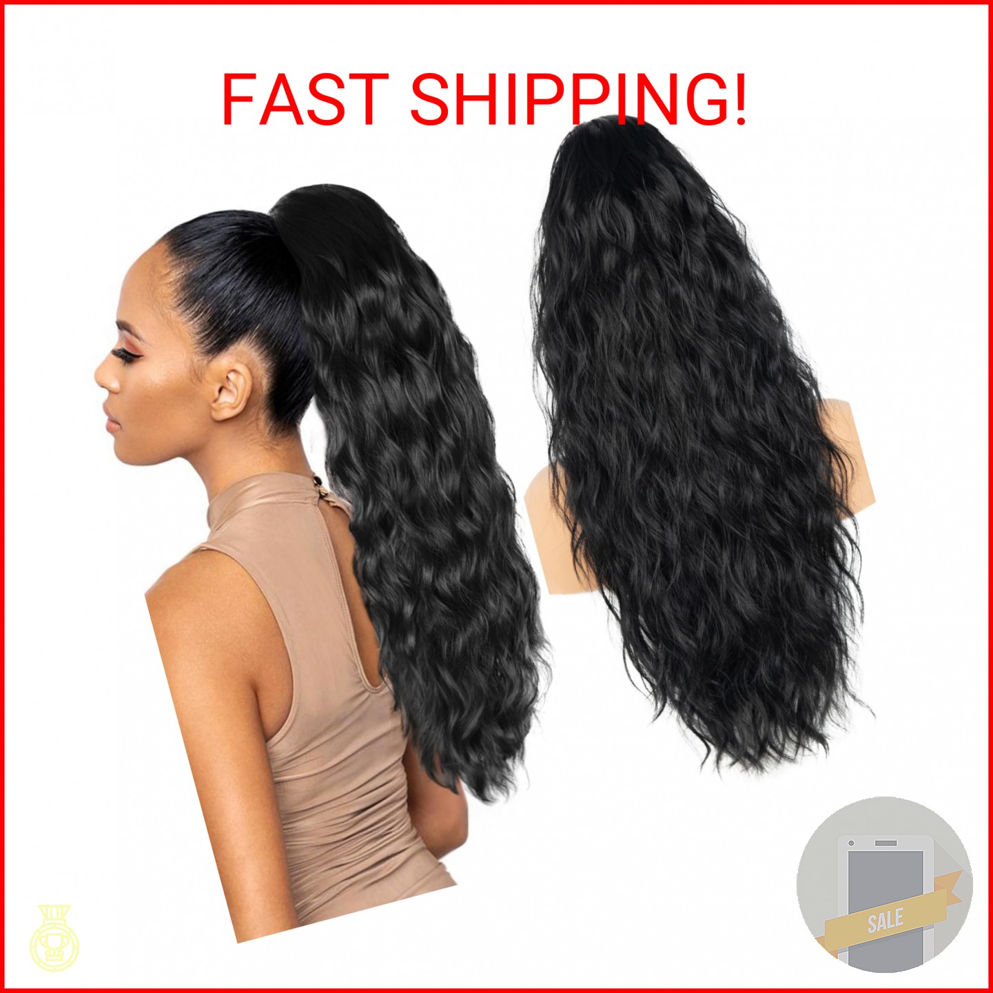 26 inch Black Ponytail Extension, Drawstring Ponytail for Women, Long Wavy Pony