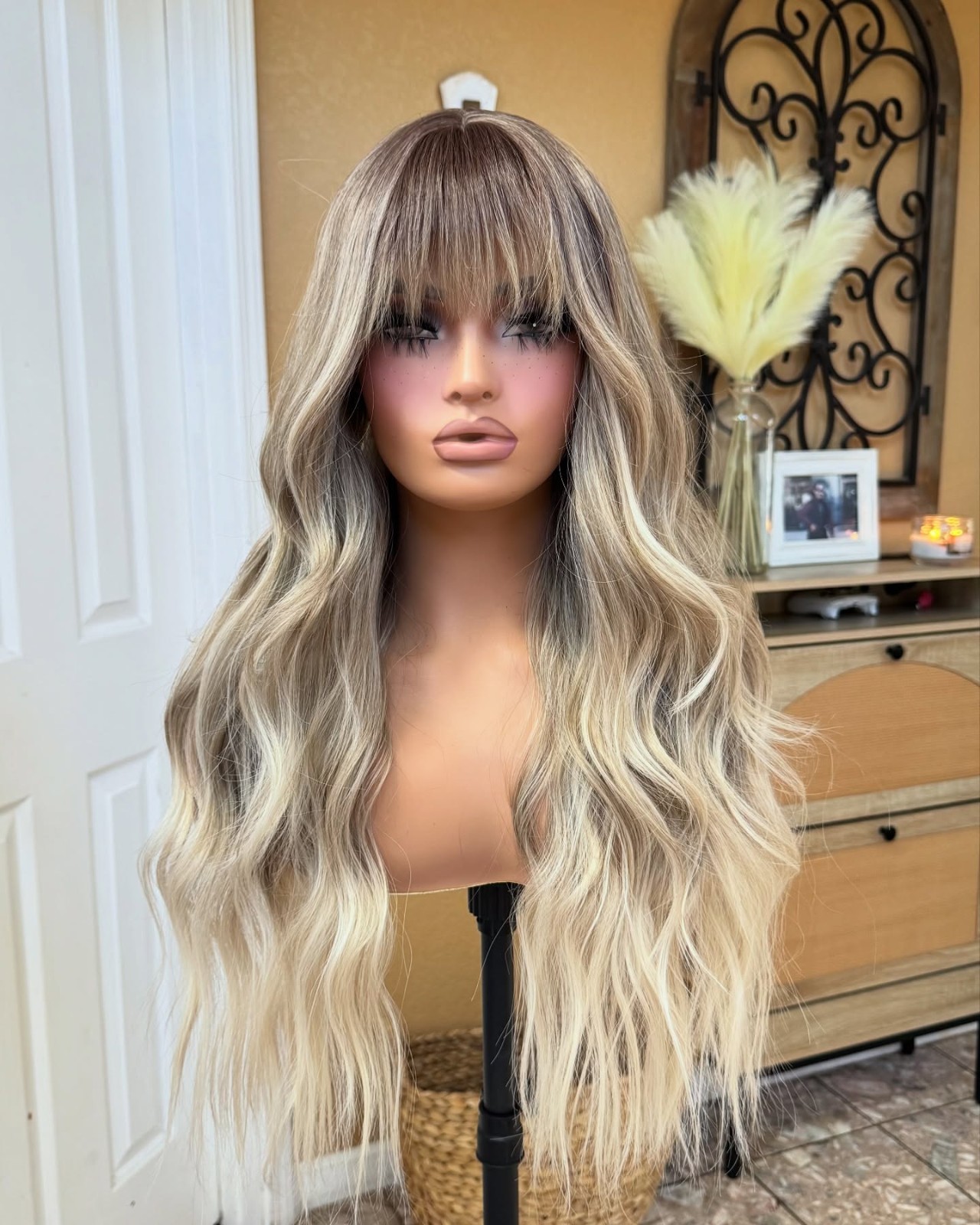 Balayage Ash Brown to Blonde Wigs with Bangs 100% Human Hair Lace Front Wigs
