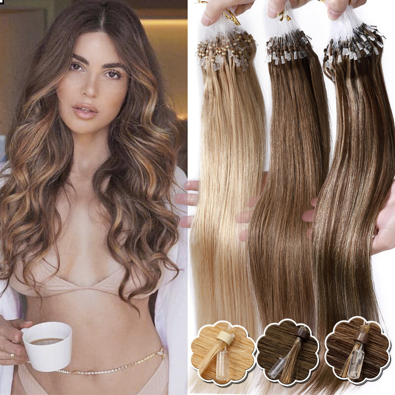 200strands Micro Loop Ring Russian Real Human Hair Extensions Thick 1g Beads US