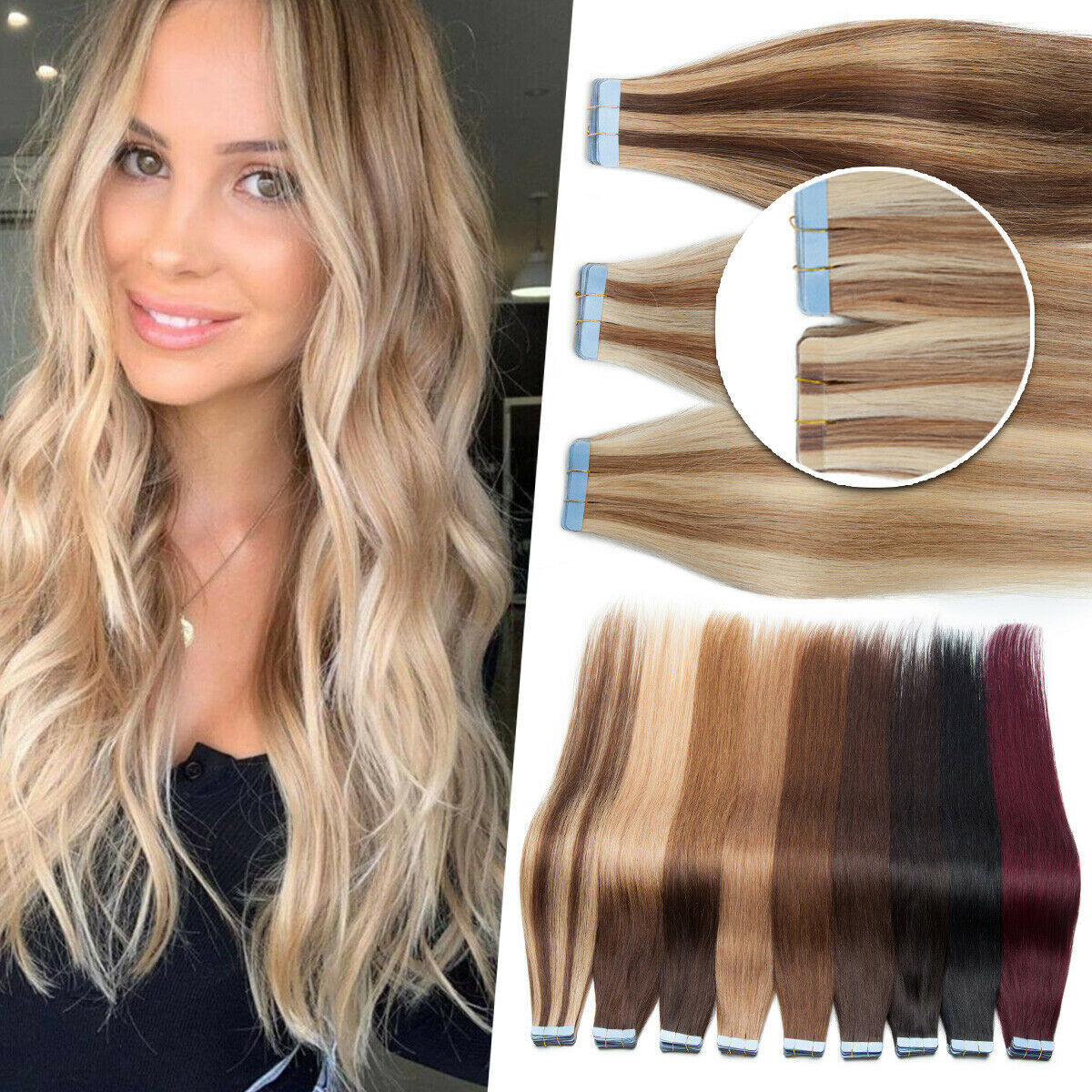 Invisible Tape in Remy Human Hair Extensions Skin Wefts Thick Hair Fashion Color