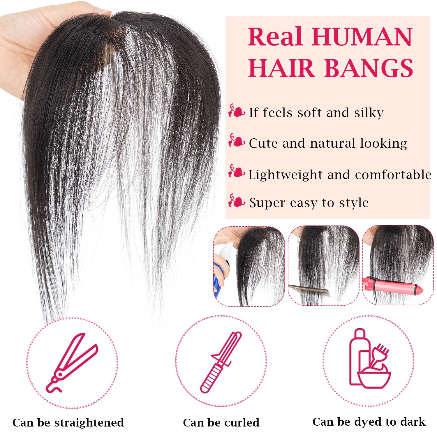 3D Clip In 100% Remy Air Fringe Bangs Human Hair Extensions Hairpiece Top Topper