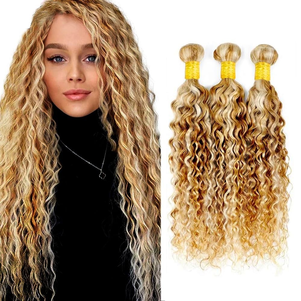 Blonde Highlight Water Wave Hair Bundles 16″ 18″ 20″ Human Hair Extensions