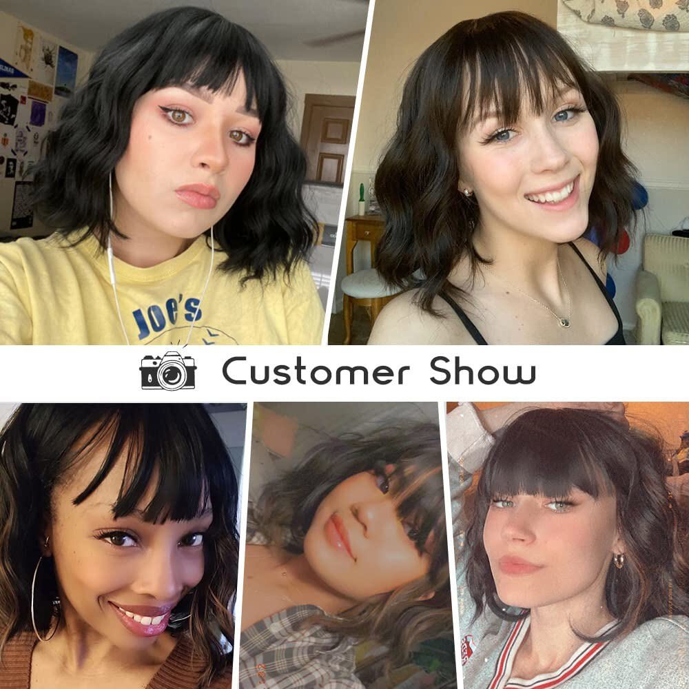 Wavy Wigs with Bangs for Women Black Mixed Brown Short Bob Curly Wig