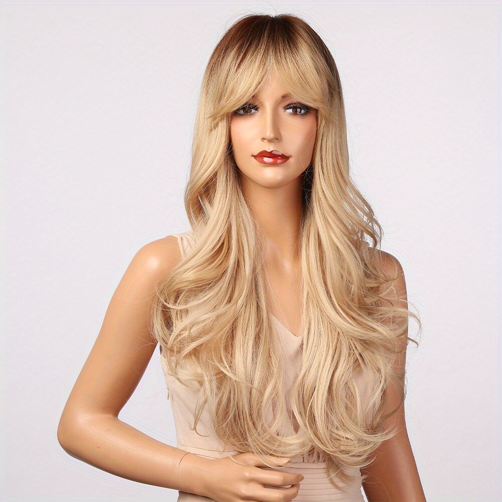 26 Inch Long Blonde Ombre Wavy Wig with Bangs Heat Resistant Layered Curly Wigs