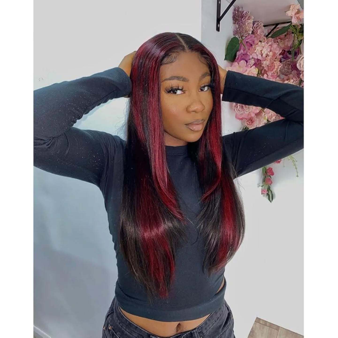 Black Wigs With Red Highlights Streak 100% Human Hair Lace Front Wigs 13×4