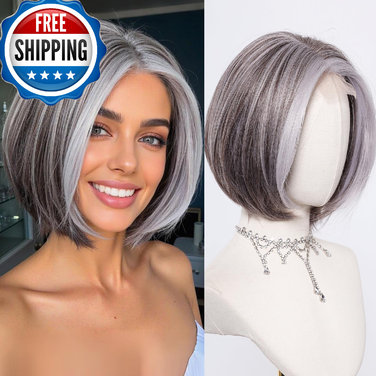 Testar Grey Mixed White Wig For Women Short Salt And Pepper Straight Lace Front