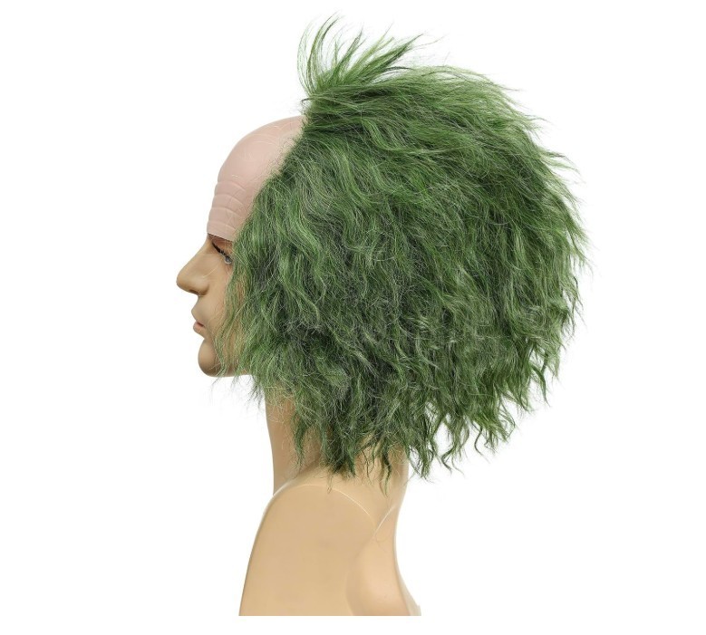 LAXSHZ Gothic Adult Men Short Curly Green Wig with Bald Cap for Halloween