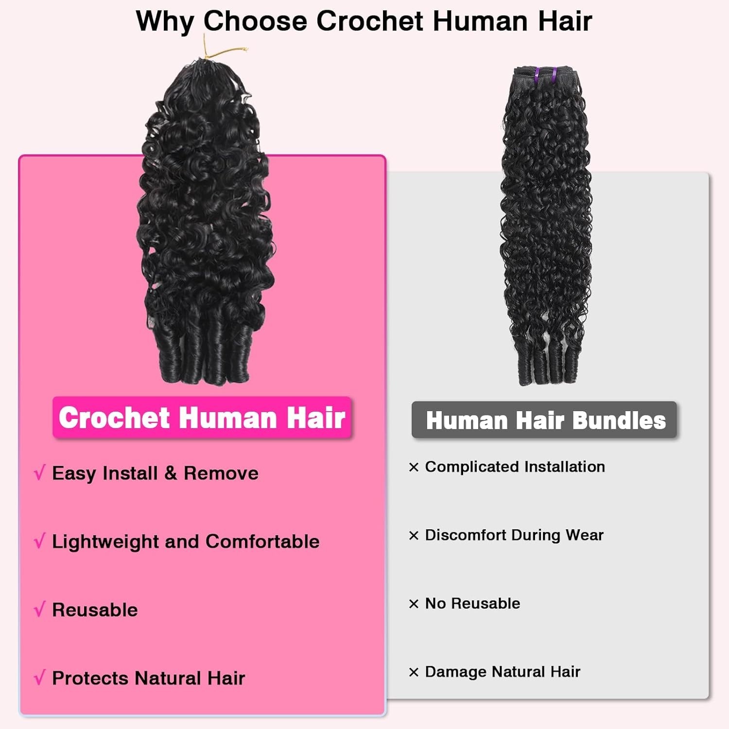 Soft 16″ Remy Curly Human Hair Crochet – Lightweight Burmese, Knotless, Reusable
