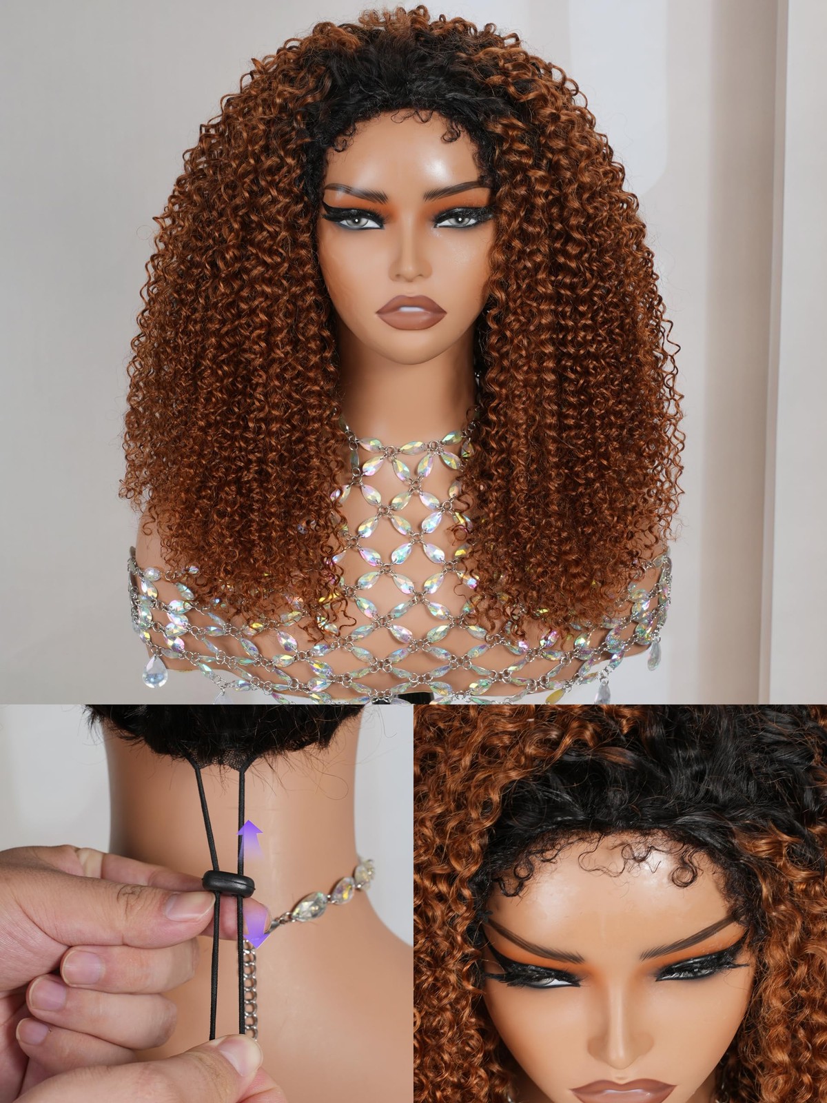 Wigchic T1B/30 Ombre Brown Kinky Curly Half Wig 10 Human Hair Over Glueless 4C