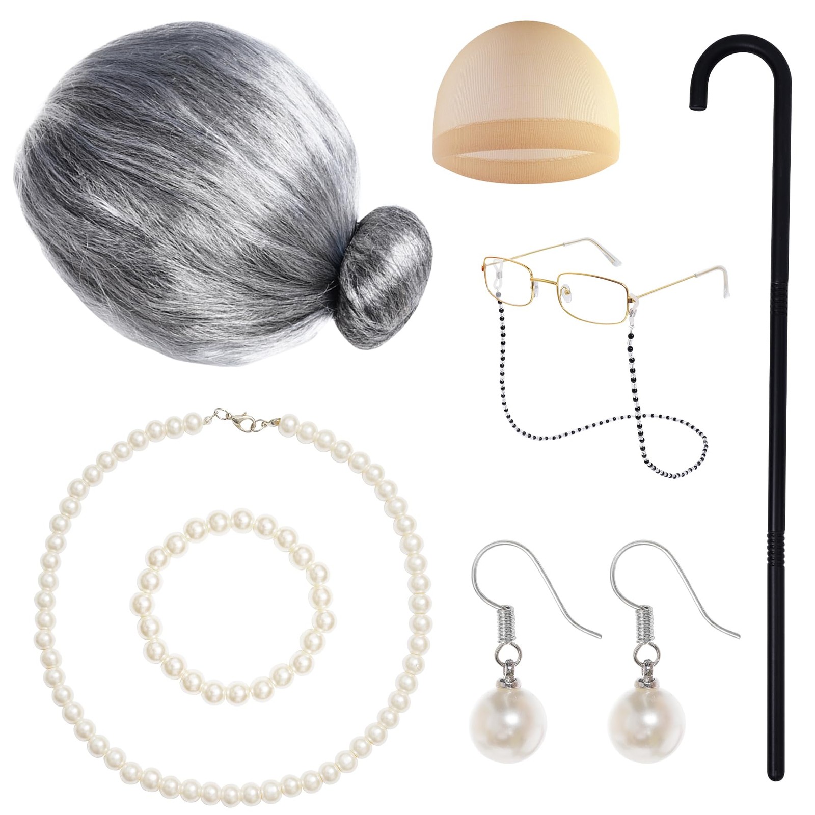 8pcs Old Lady Costume Set 100 Days of Grey Old Lady Grandma Caps Granny Glass…