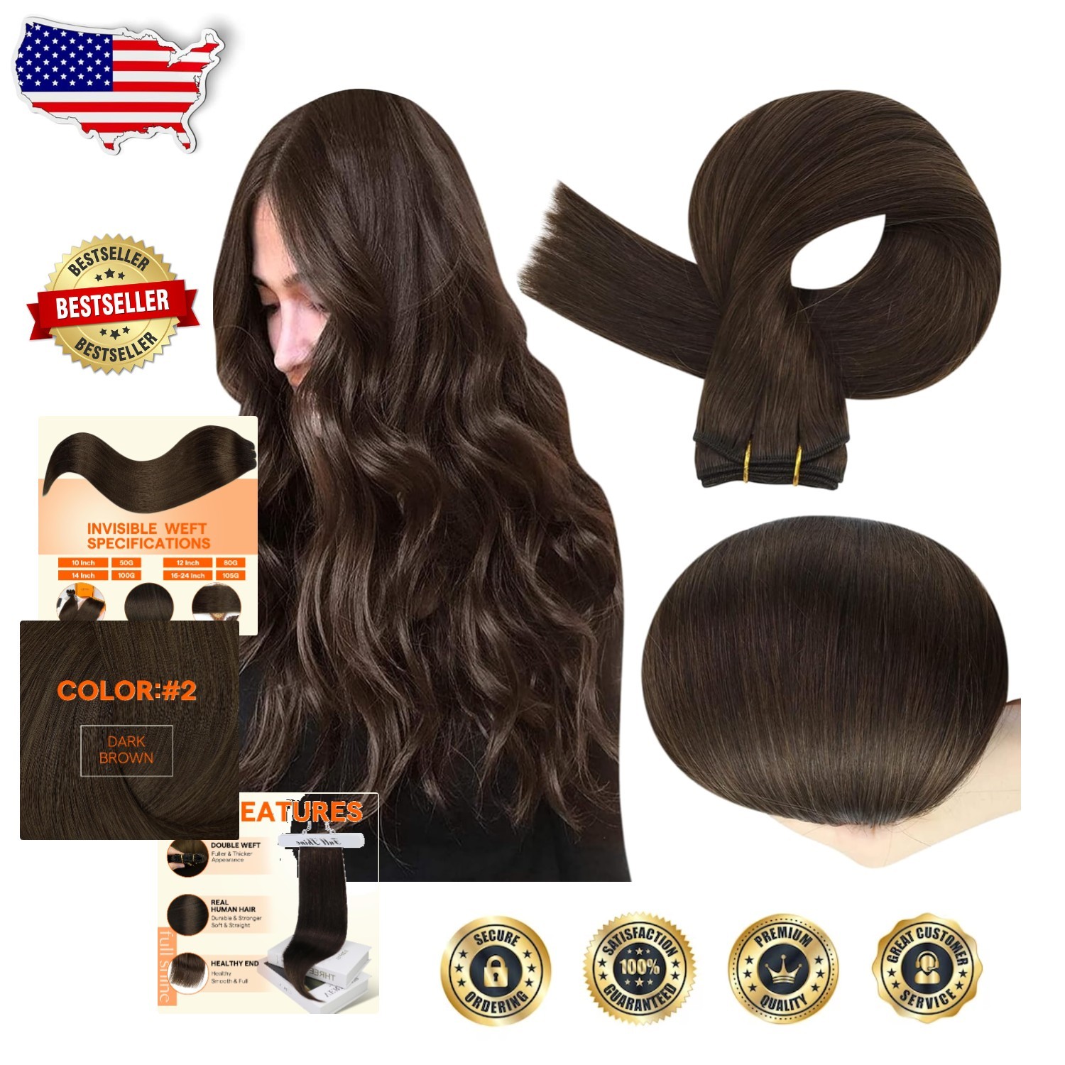 Luxury Double Weft Hair Extensions 24″ Remy Human Hair Sew In Dark Brown