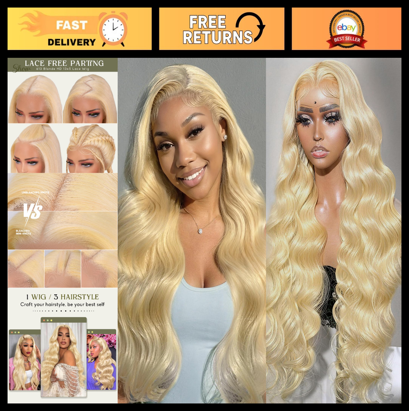 40″ Blonde Body Wave Lace Front Wig 200% Density HD Full Frontal Glueless Human