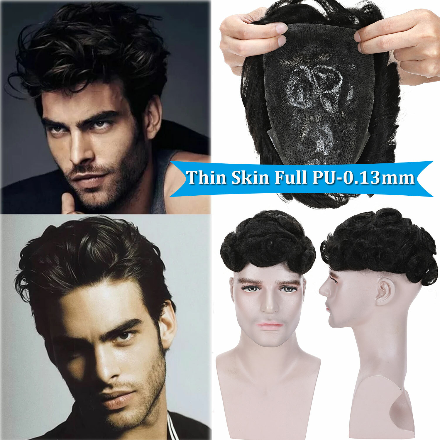 Mono PU Thin Skin Toupee Remy 100% Human Hair Hairpiece Wig Replacement System H