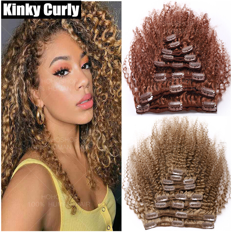 Afro Kinky Curly Yaki Clip In Virgin Human Hair Extensions Full Head Weave 4B 4C