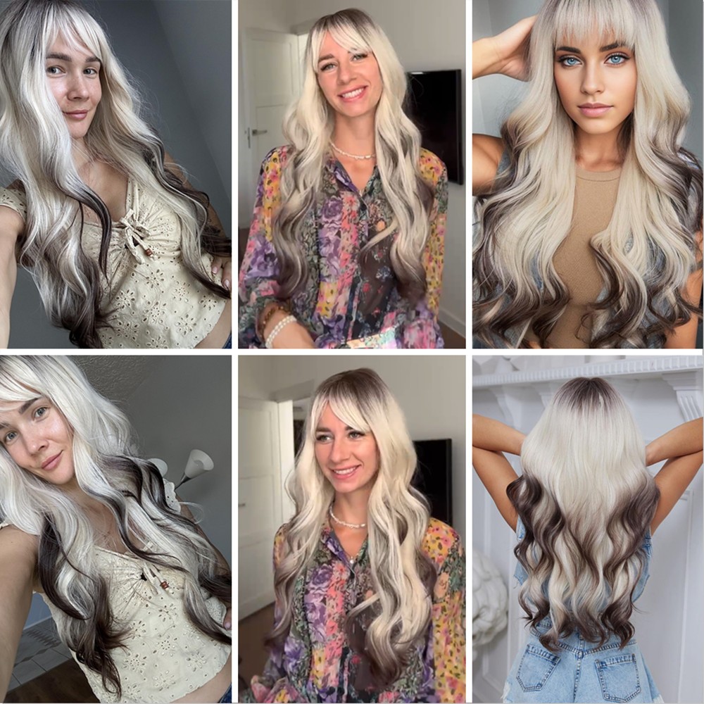 Black Brown Ombre Long Curly Wig with Bangs Natural Synthetic Wig for Festival