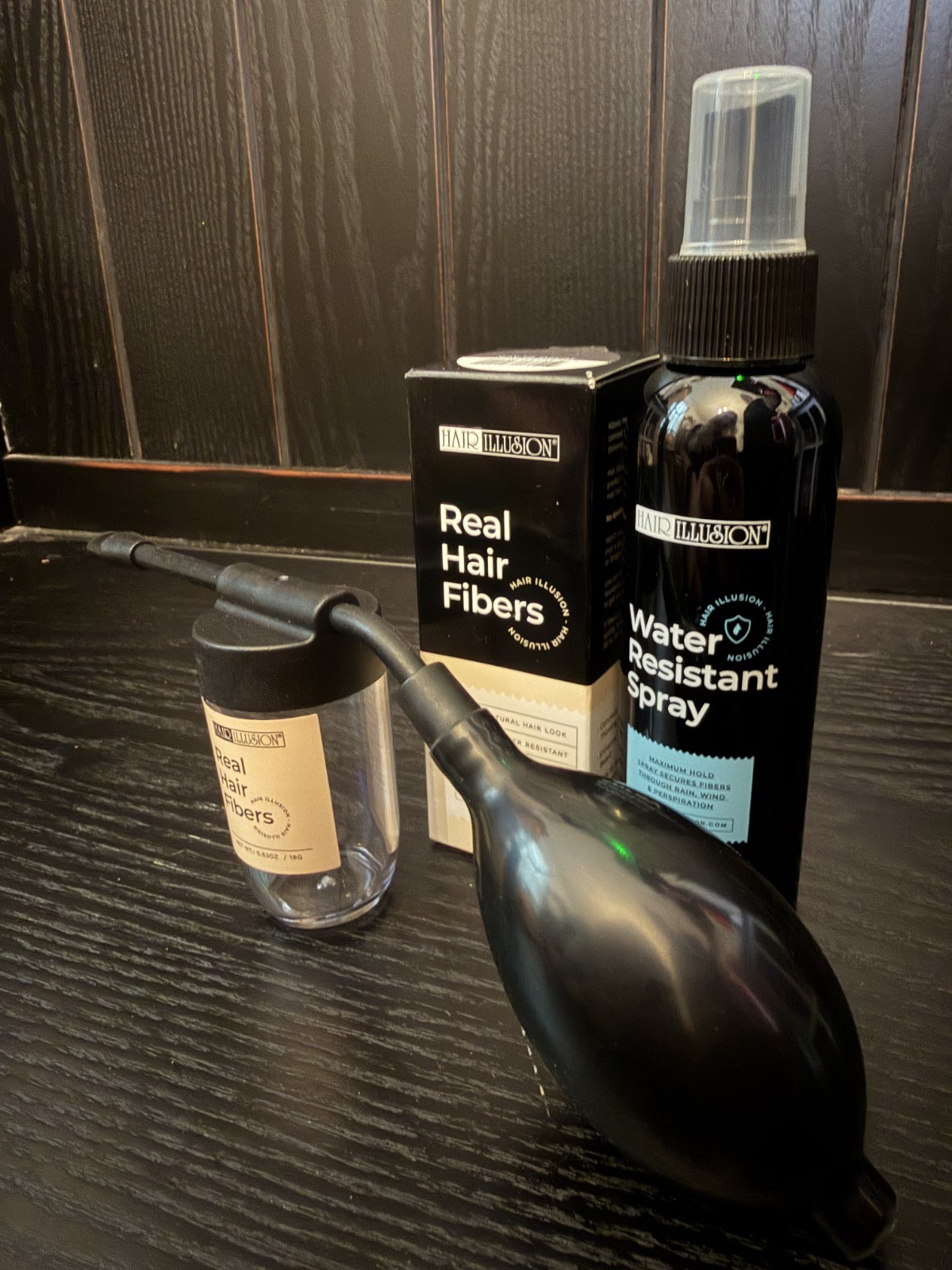 Hair Illusion 38g Black Real Hair Fibers + Water Resistant Spray + Applicator