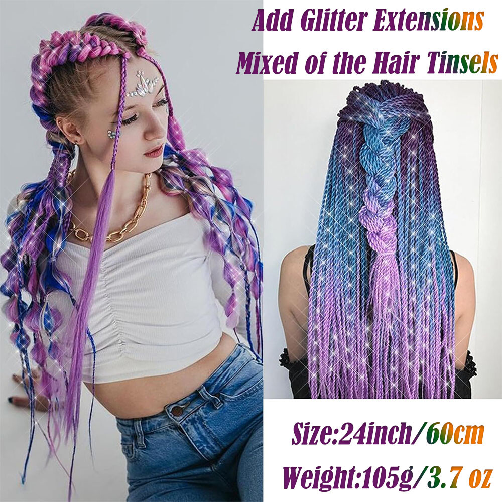 NEW Tinsel Shiny Rainbow 24″ Jumbo Dutch Braids Crochet Braiding Hair Extensions