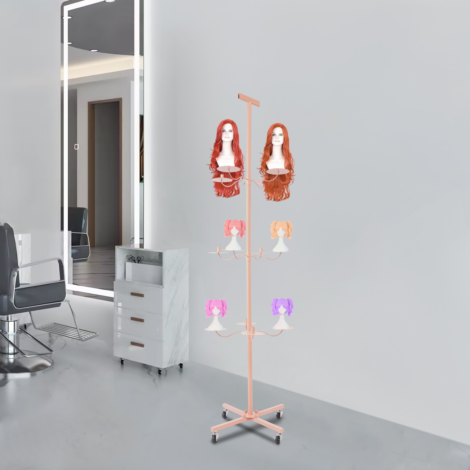 Pink 12-Head Heavy Duty Wig Stand Organizer | Metal Tripod Rack | Salon Display
