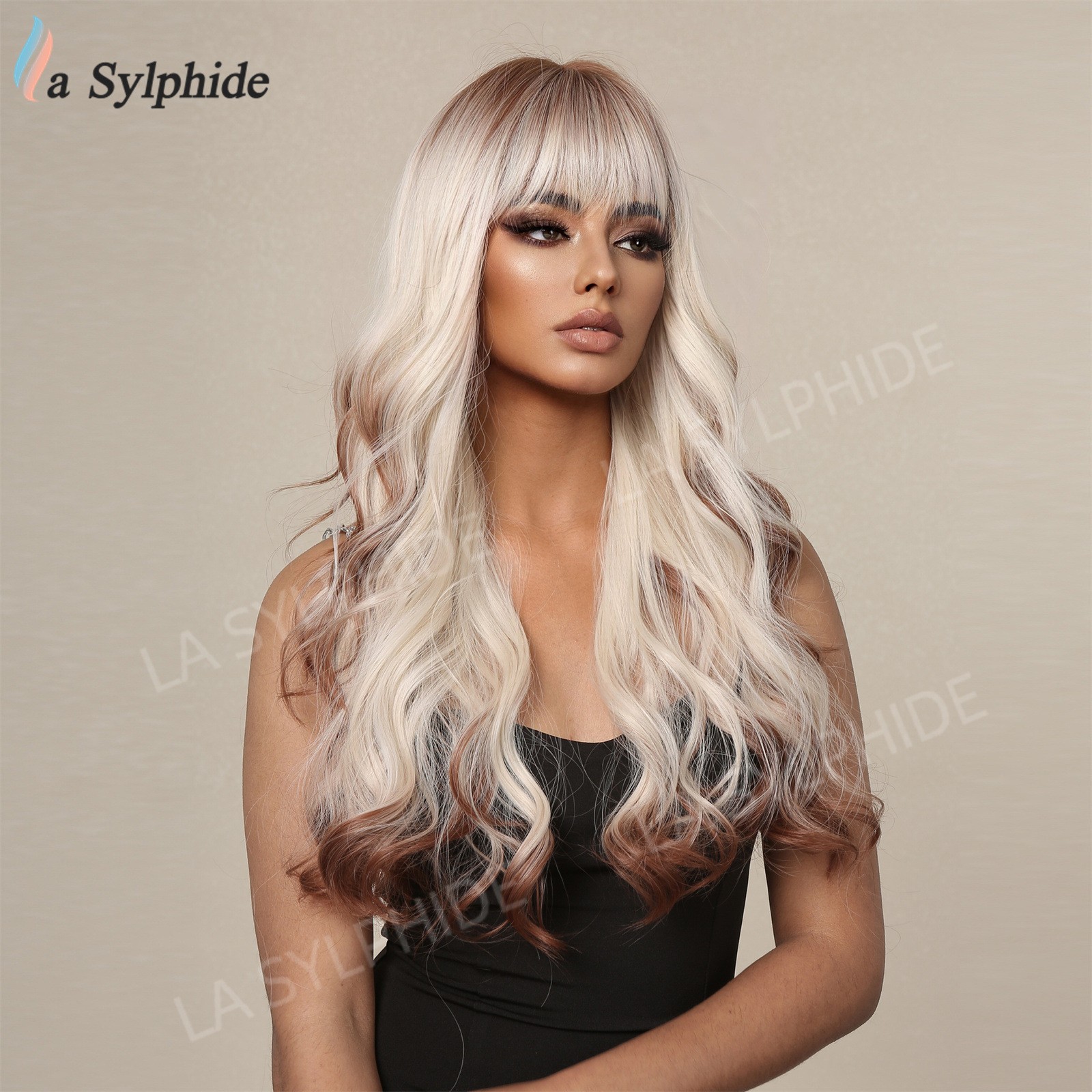 Black Brown Ombre Long Curly Wig with Bangs Natural Synthetic Wig for Festival