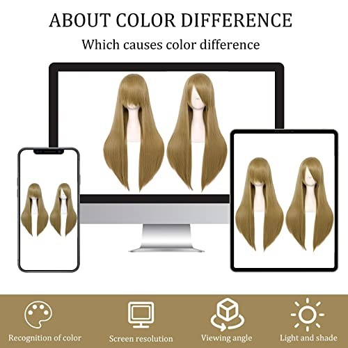 Anogol Hair Cap+32Inch/80cm Blonde Wig With Bangs Peluca rubia Straight Wig For