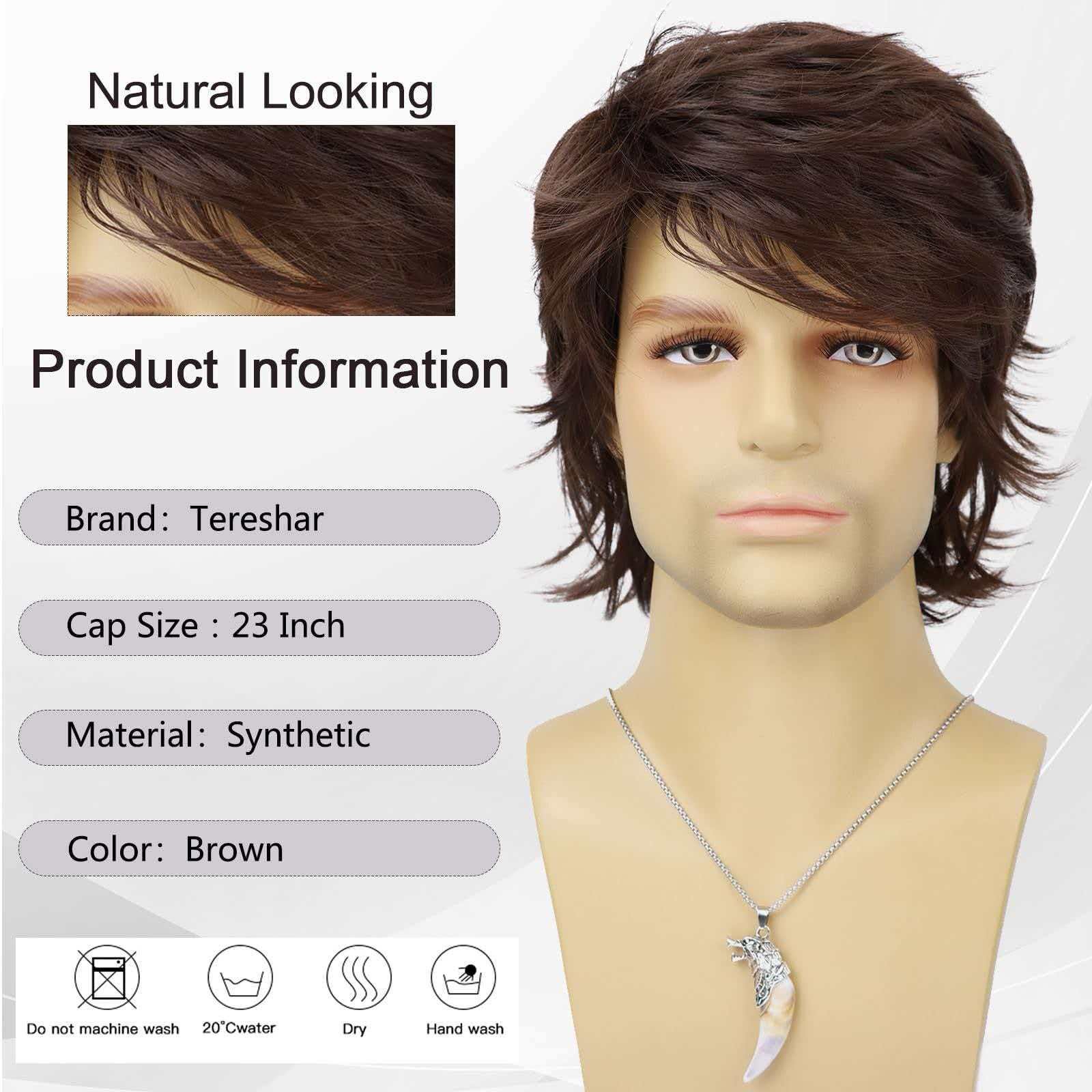 Men’s Short Brown Wavy Wig 8in Full Cosplay Heat Resistant Synthetic Party Daily