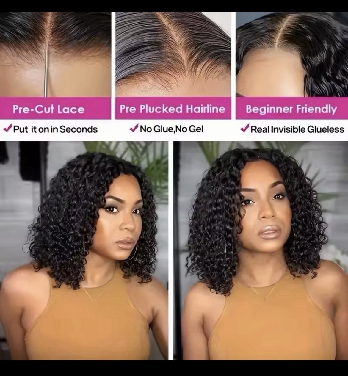 4×4 Glueless Human Hair Curly Bob Wig Black Lace Closure Free-Part Pre-Cut