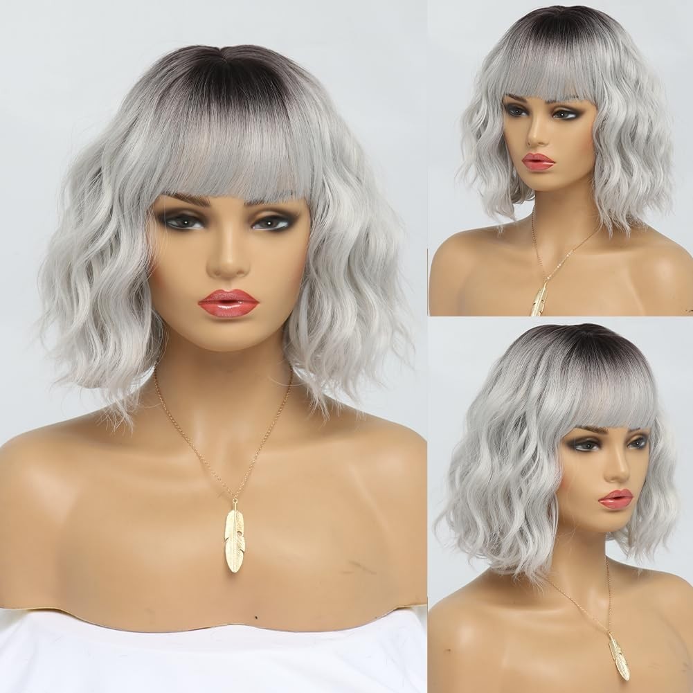 14″ Ombre Silver Grey Wavy Bob Wig for Women Daily Party 110E057391