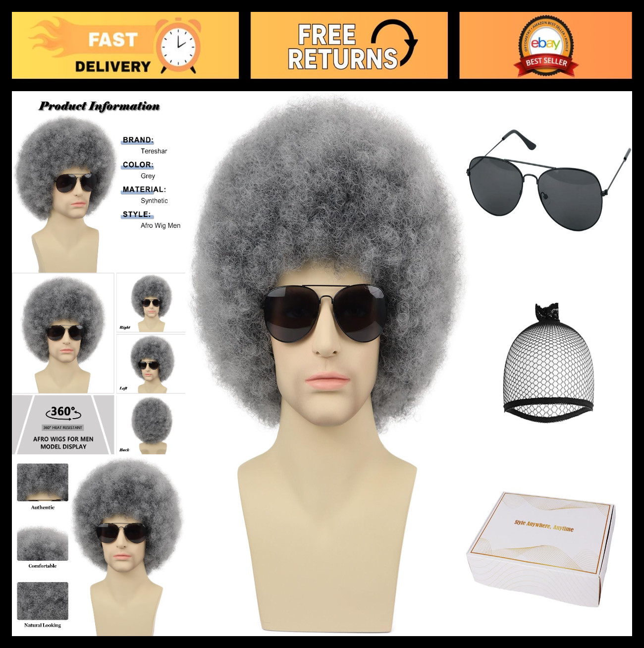 Fluffy Short Grey Afro Wig with Glasses – Heat Resistant Curly 70s 80s Costume P