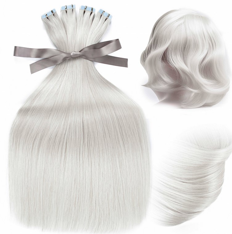 Invisible Tape in 100% Remy Human Hair Extensions Fusion Hair SLIVER Grey 50g