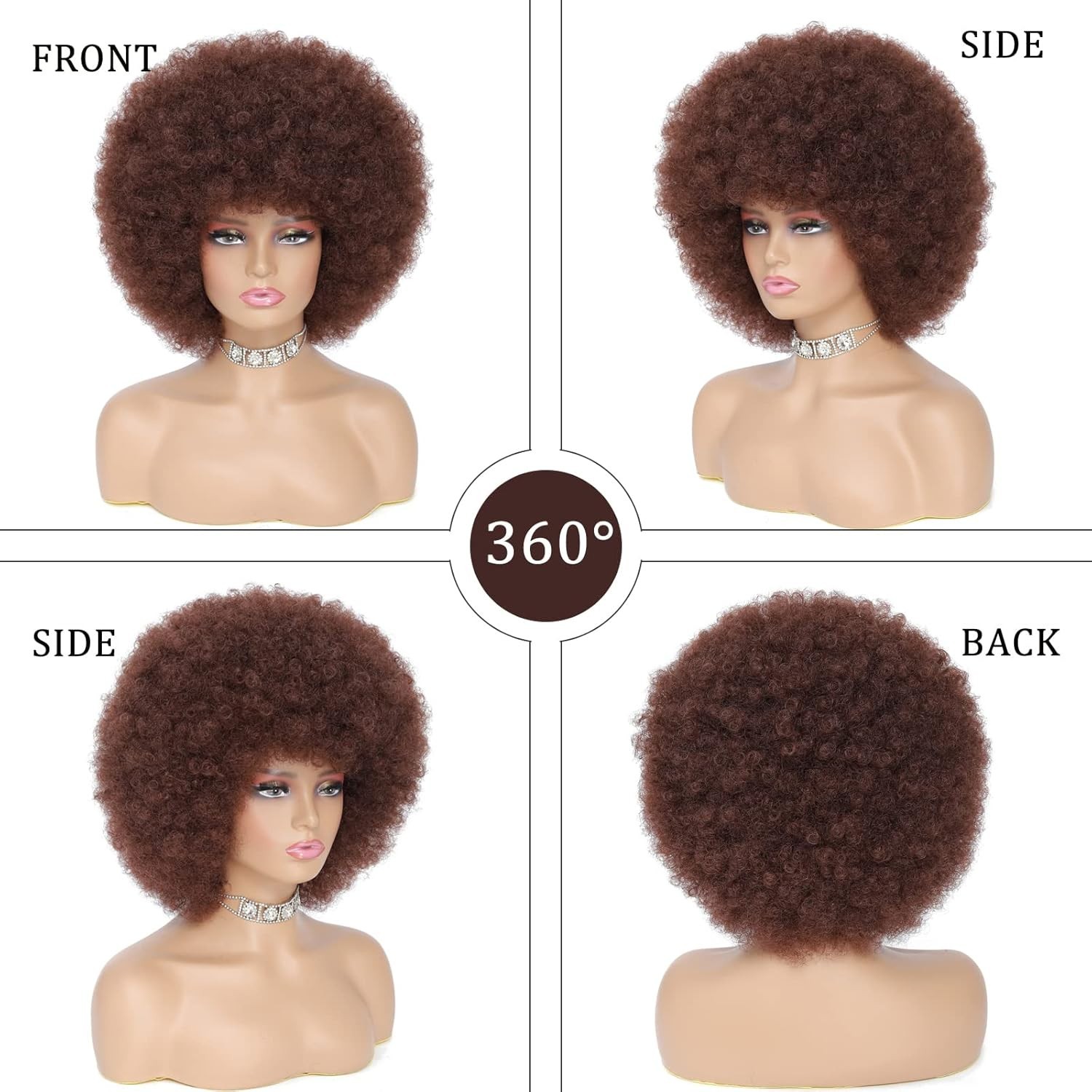 70s Afro Kinky Curly Wig For Women, Brown, Synthetic Fibers, Soft, Bouncy, Natur