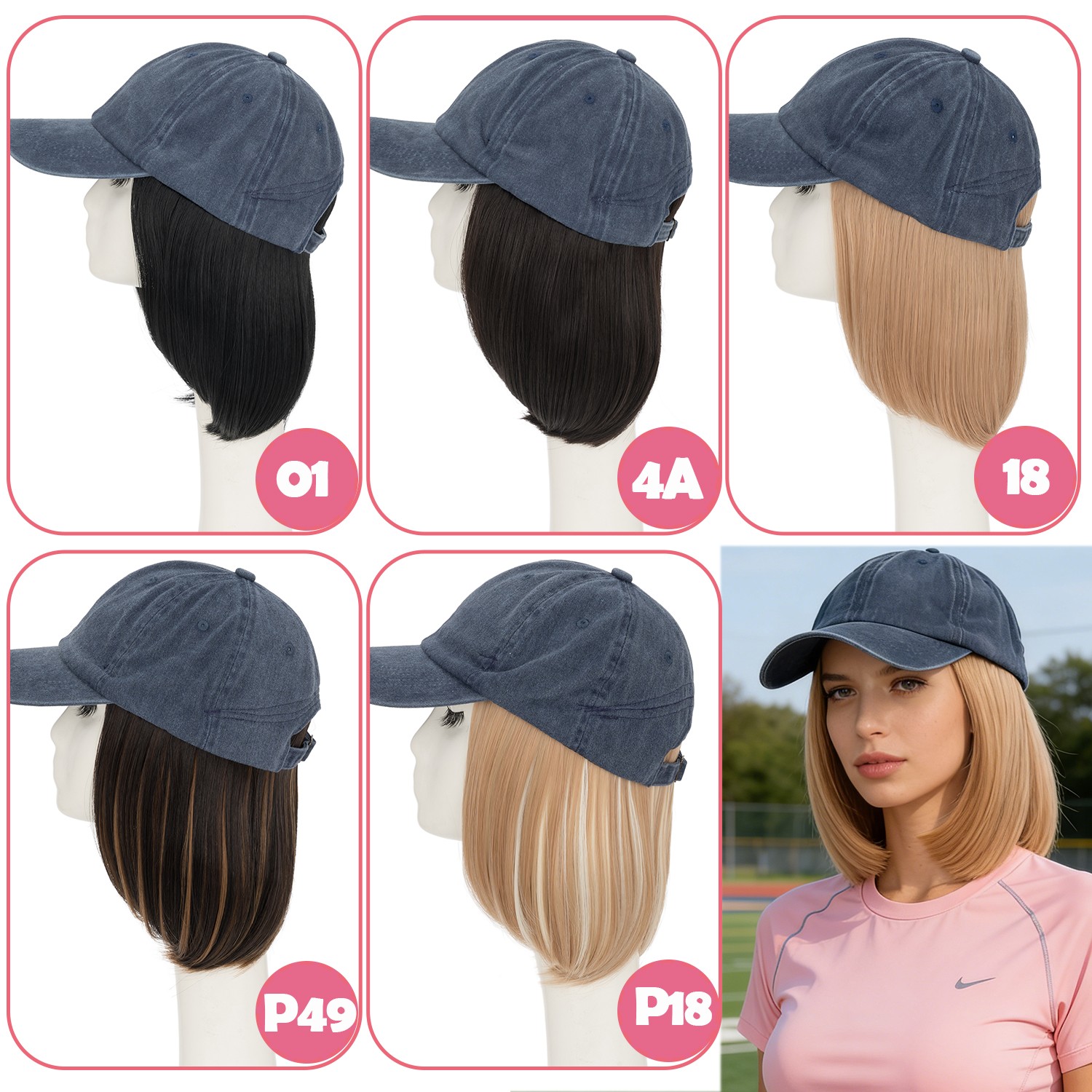 Baseball Cap Hat with Short Synthetic Hair,Baseball Hat Cap with Straight Hair M