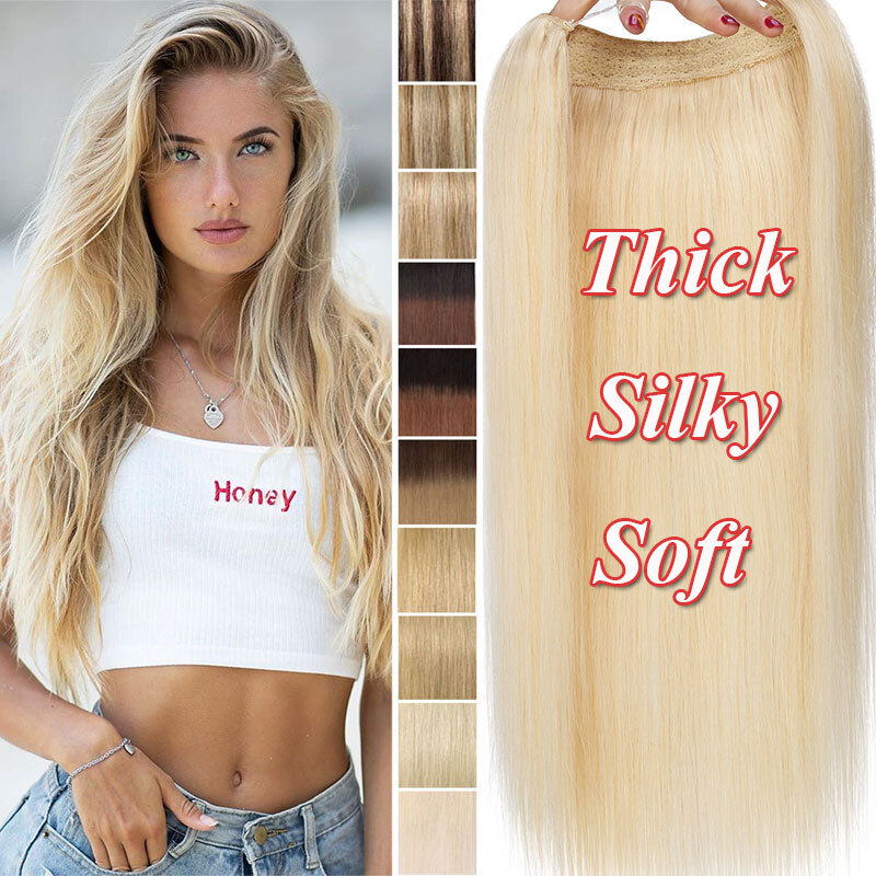 Wire Hair Extensions Real Remy Human Hair Hidden One Piece Headband Weft NO-CLIP