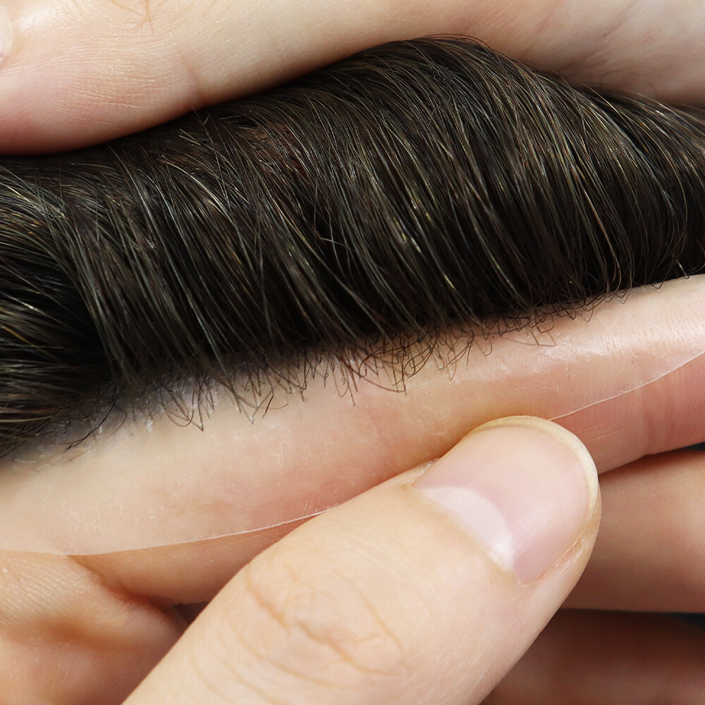 Mens Toupee Thin Skin Human Hair Replacement System 0.08mm Knotted Hair Pieces